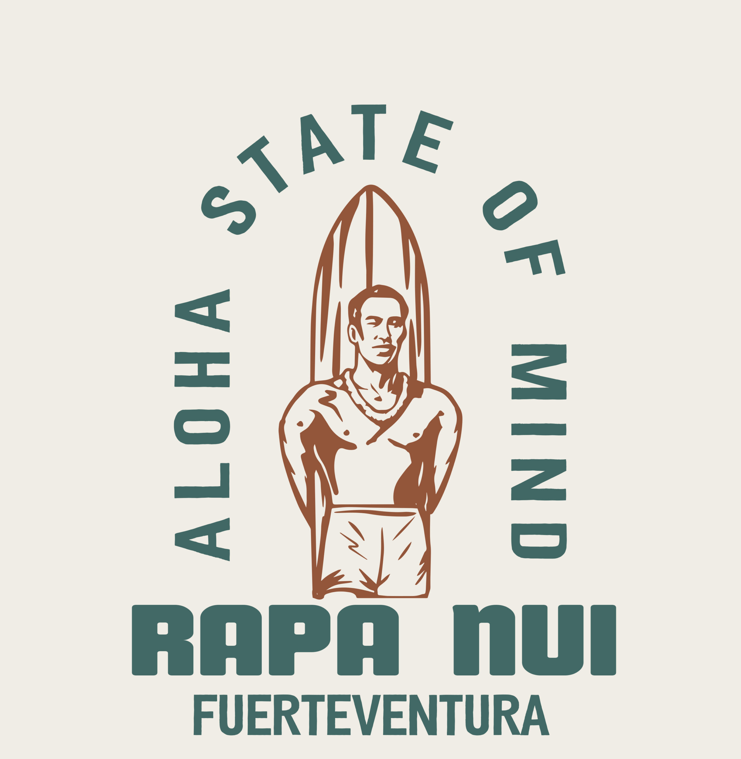 Close-up of a two-color vector art graphic for screenprinting, showing a man with a surfboard (inspired by Duke Kahanamoku) surrounded by the arched text "STATE OF MIND" and "ALOHA" and a bold banner at the bottom that reads "RAPA NUI FUERTEVENTURA".